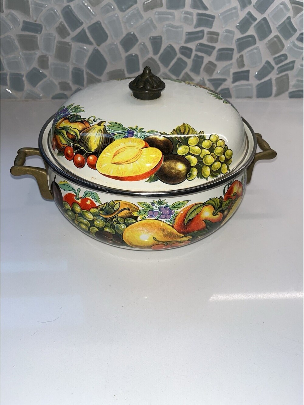 Vintage Cornucopia Enamelware Dutch Oven Pot With Brass Knob Handles cottagecoe